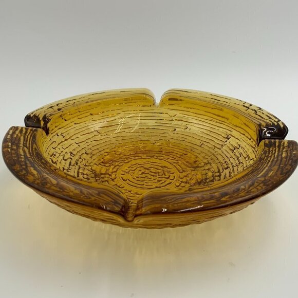 Amber Glass Ashtray Vintage Anchor Hocking Soreno Bird Nest Honey 9" Ribbed MCM - Picture 1 of 4